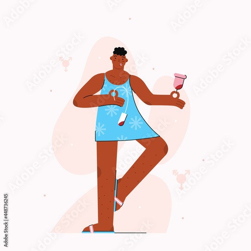 People who menstruate. Vector illustration with one african american transgender person showing monthly cycles with menstrual cup and tampon drawing in lgbt colour.
