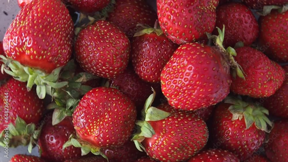Juicy strawberries rotates, close up. Background Sweet healthy dessert, vitamin harvest. Juicy strawberries rotates, close up. Background Sweet healthy dessert, vitamin harvest.