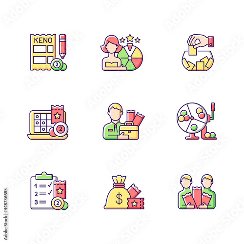 Gambling game types RGB color icons set. Quiz show. Keno game. Raffle. Lottery agent. Randomly pick winning numbers. Daily draws. Isolated vector illustrations. Simple filled line drawings collection