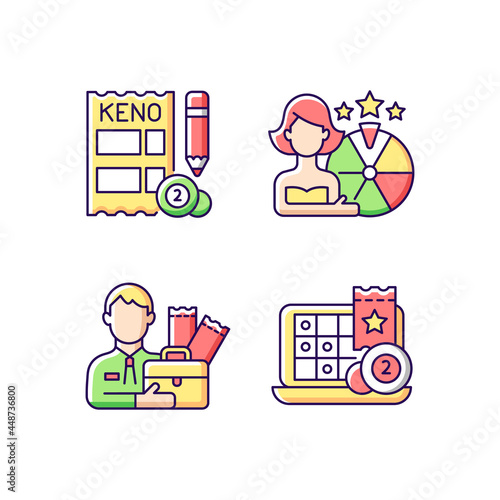 Lottery-like gambling games RGB color icons set. Matching numbers on keno ticket. Game show. Lottery agent. Online gaming website. Isolated vector illustrations. Simple filled line drawings collection