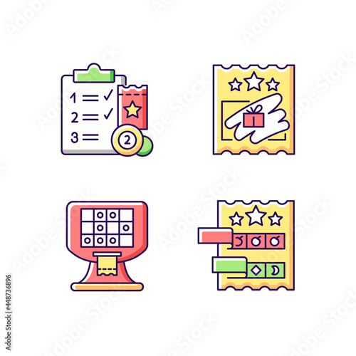 Lottery conduction RGB color icons set. Lotto session program. Scratch cards. Electronic gambling machine. Paper-style game. Isolated vector illustrations. Simple filled line drawings collection