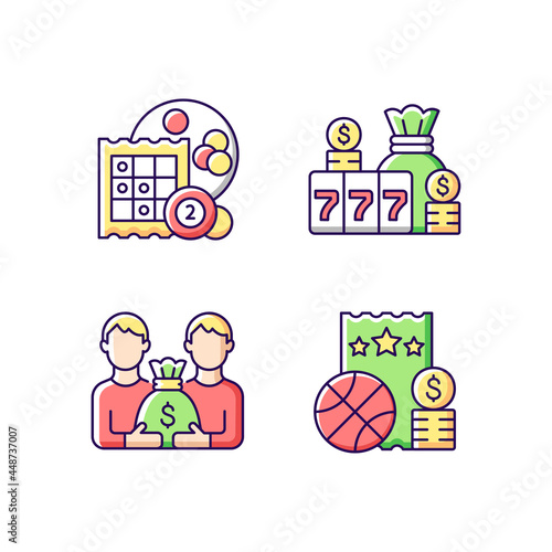 Participation in lottery RGB color icons set. Bingo game. Winning large cash reward. Pari mutuel prize. Sports betting. Isolated vector illustrations. Simple filled line drawings collection