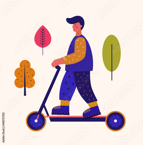 Man riding on an electric scooter.  Summer outdoor. Flat design characters riding electric scooter