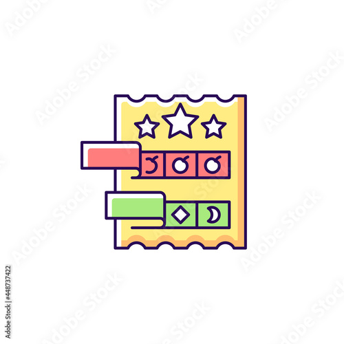 Break open lottery ticket RGB color icon. Paper-style game. Instant prizes for winning combinations. Revealing matching symbols for cash win. Isolated vector illustration. Simple filled line drawing