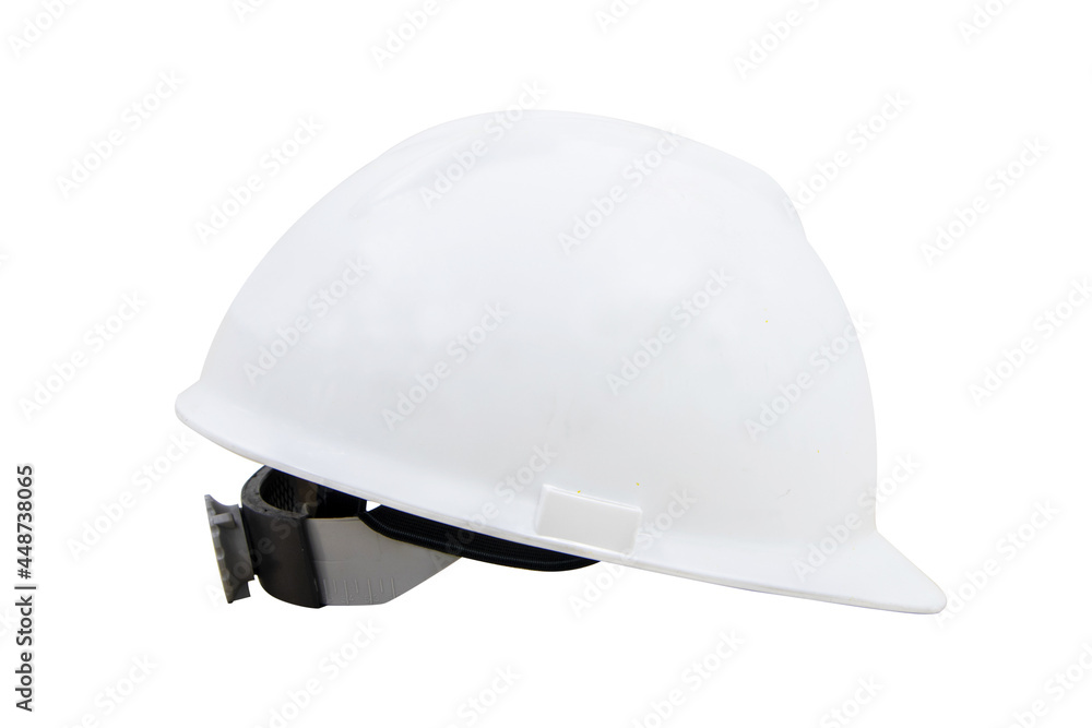 Side photo of plastic helmet safety white for engineer used industry and construction building. Isolated on white background. Concept safety. Side photo of plastic helmet safety white for engineer used industry and construction building. Isolated on white background. Concept safety.