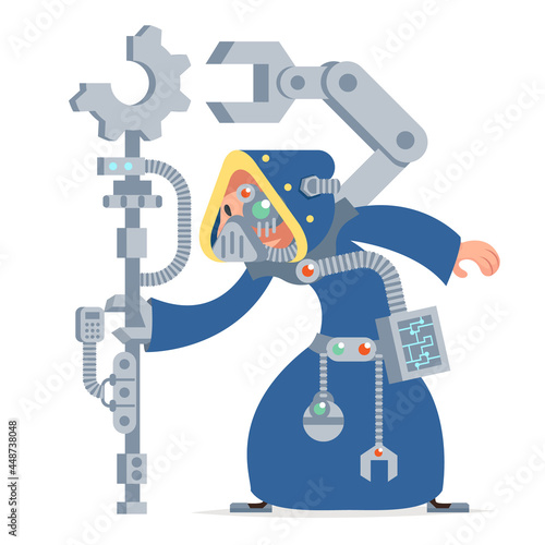 Sci-fi technology cybernetic scientist technician engineer game RPG character vector icon illustration
