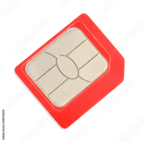 Modern red SIM card isolated on white photo