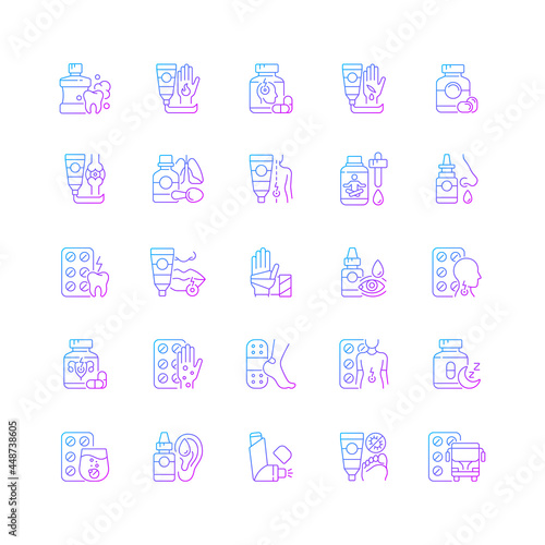 Medical treatment gradient linear vector icons set. Oral hygiene. Antibacterial ointments. Pain reliever. Thin line contour symbols bundle. Isolated vector outline illustrations collection