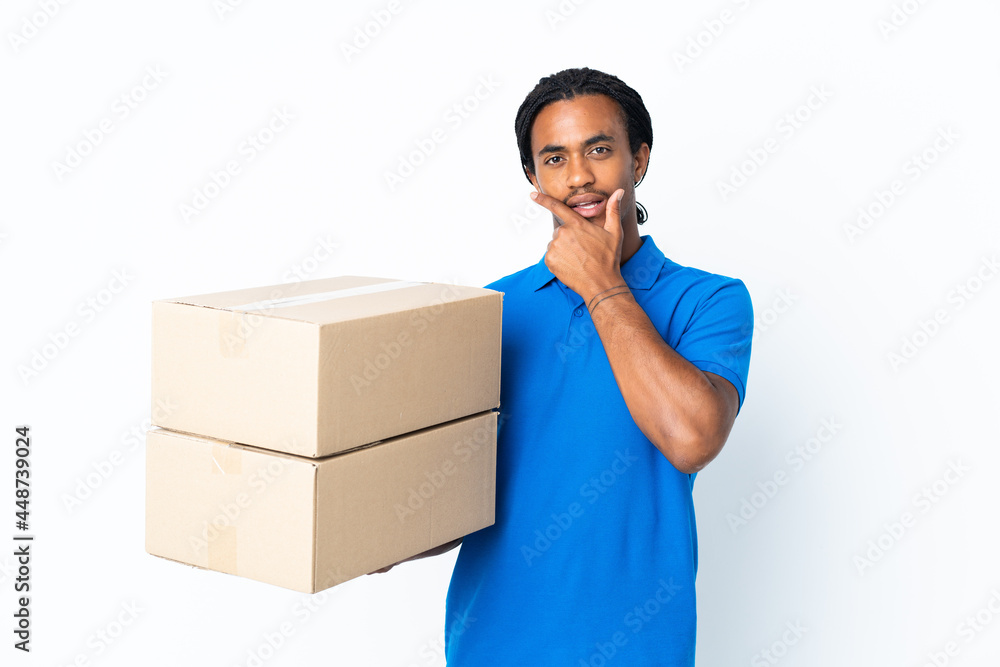 Delivery African American man with braids isolated on white background happy and smiling Delivery African American man with braids isolated on white background happy and smiling
