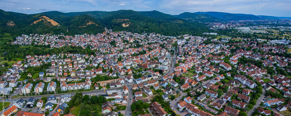 Aerial panorama view of the city Dossenheim in Germany on a sunny day in spring