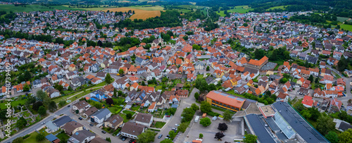 Aerial panorama view of the city Dielheim in Germany on a cloudy day in spring