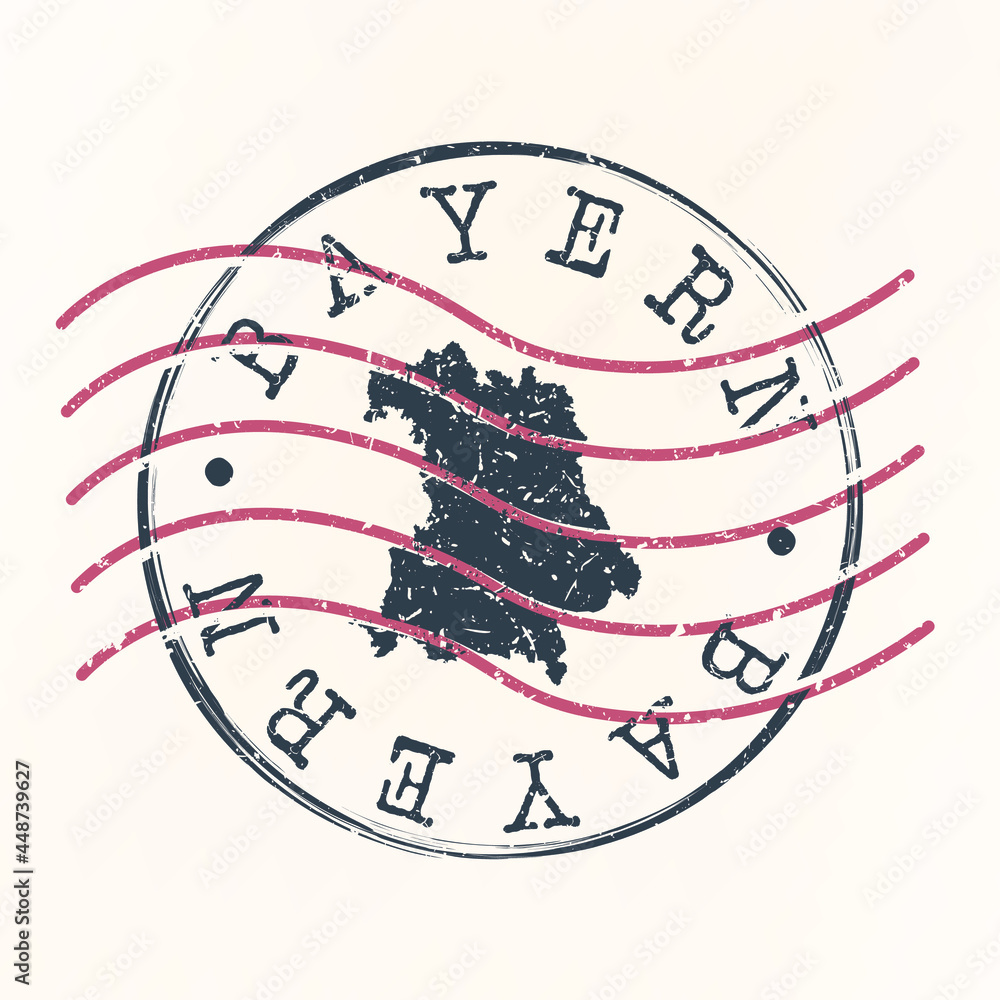 Bavaria, Bayern, Germany Stamp Map Postal. Silhouette. Passport Round Design. Vector Icon. Design Retro Travel National Symbol.
