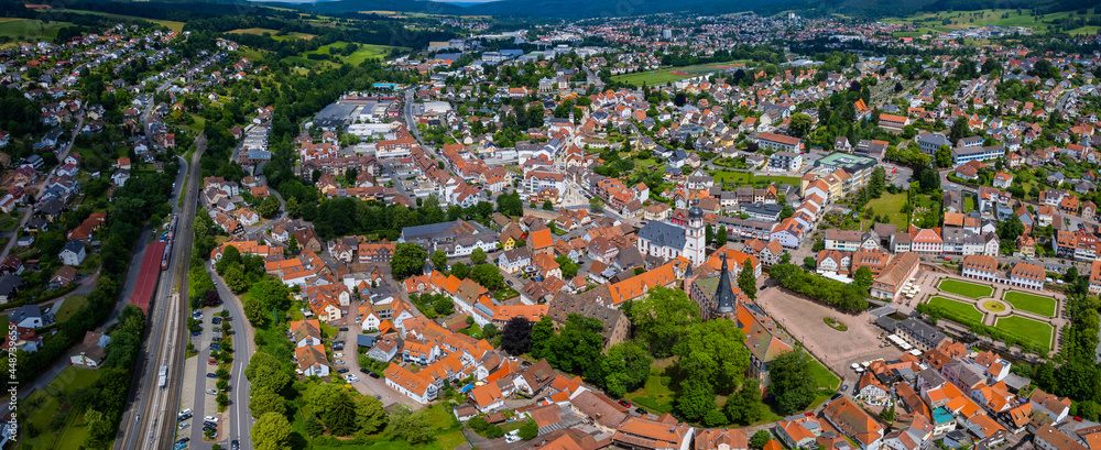 Aerial view of the old town of the city Erbach im Odenwald in Germany. On a sunny spring day. 