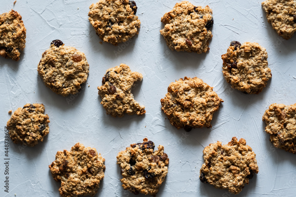 Fresh homemade cookies on grey background.Healthy food concept. Fresh homemade cookies on grey background.Healthy food concept.