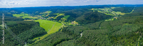  Aerial view around the city Oberzent in Germany. On sunny day in spring