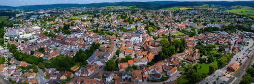 Aerial view of the old town of the city Erbach im Odenwald in Germany. On a sunny spring day. 