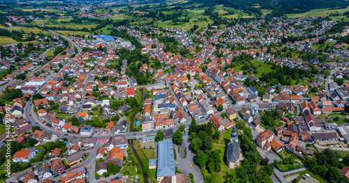 Aerial view of the city Rimbach in hesse, Germany on a sunny spring day.
