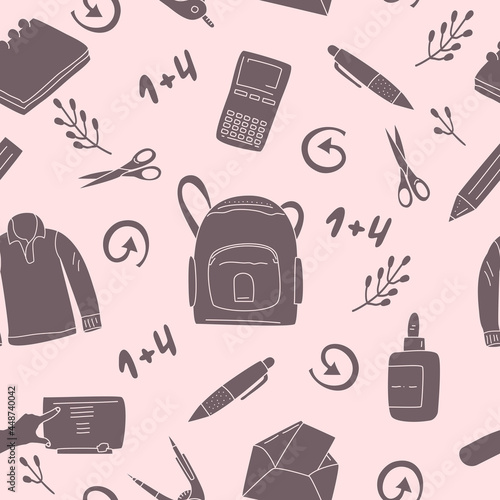Stationery seamless pattern in doodle style.Back to school concept with different office supplies.Hand drawn backpack,sweater,pencil.Student tools and equipment for crafting and education