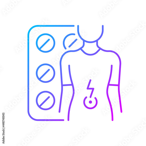 Tablets for stomach ache gradient linear vector icon. Relaxing muscles in abdomen. Digestive wellbeing. Thin line color symbols. Modern style pictogram. Vector isolated outline drawing