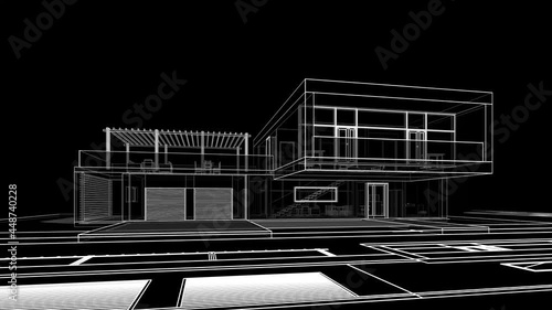 modern house architectural drawings on black background 3d rendering
