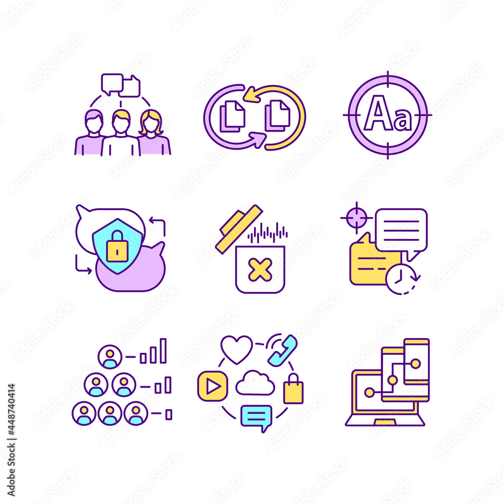 Messaging software RGB color icons set. Group chat. File sharing. Spell check. Private texting. Cross platform synchronization. Isolated vector illustrations. Simple filled line drawings collection Messaging software RGB color icons set. Group chat. File sharing. Spell check. Private texting. Cross platform synchronization. Isolated vector illustrations. Simple filled line drawings collection