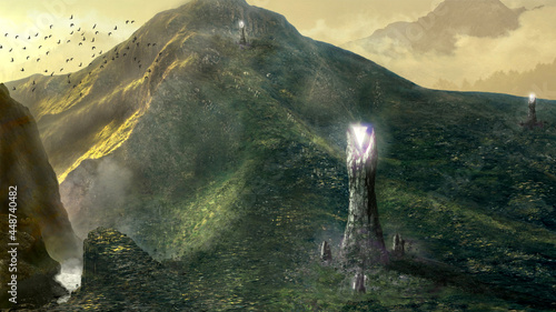 A mountain  scenary with three towers with glowing, magical looking, crystals on top (ID: 448740482)