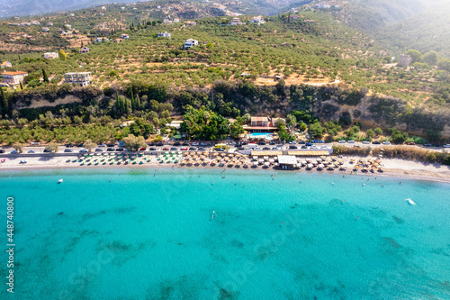 Aerial view of the beautiful Santova beach with clear, turquoise sea, Mani area, Peloponnese, Greece