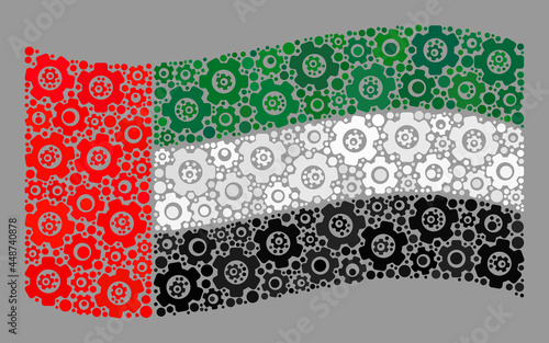 Mosaic waving United Arab Emirates flag designed of gearwheel icons. Vector cog collage waving United Arab Emirates flag created for development wallpapers.