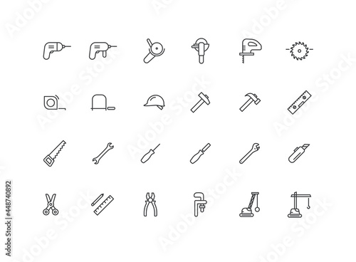 Editable Outline vector repair tools icon set isolated on white transparent background. Building, construction and repair tool Symbol.