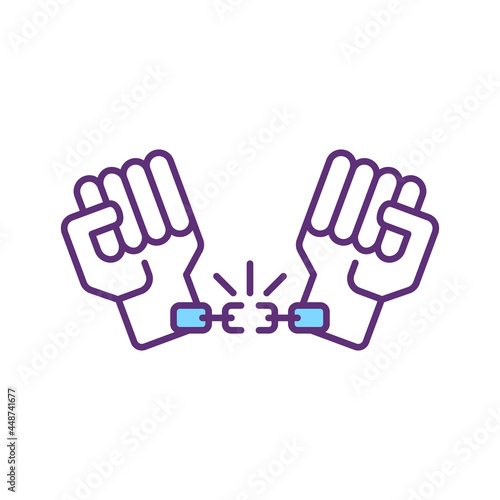 Hands in chain RGB color icon. Prisoner in handcuffs. Enslaved person. Freedom deprivation. Isolated vector illustration. Human smuggling and exploitation. Simple filled line drawing