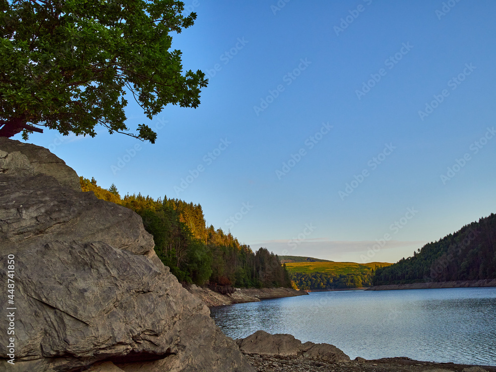Blue sky over Llyn Brianne Wales. A scenic landscape picture of Llyn Brianne reservoir in mid Wales UK under clear blue sky. Fir trees grow around the shoreline with a small hill in the distance.