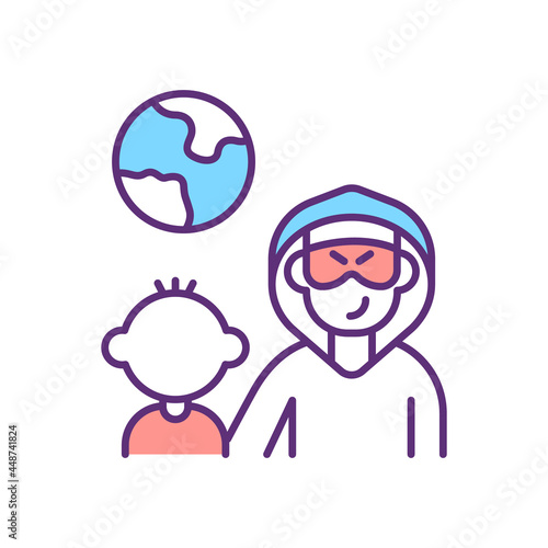 Illegal child adoption RGB color icon. Global kids smuggling. International kidnapping. Underage trade and exploitation. Stolen childhood. Isolated vector illustration. Simple filled line drawing