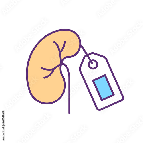 Kidney sale RGB color icon. Illegal organ and tissues trade. Illicit transportation of body parts. Underground transplantations. Isolated vector illustration. Simple filled line drawing