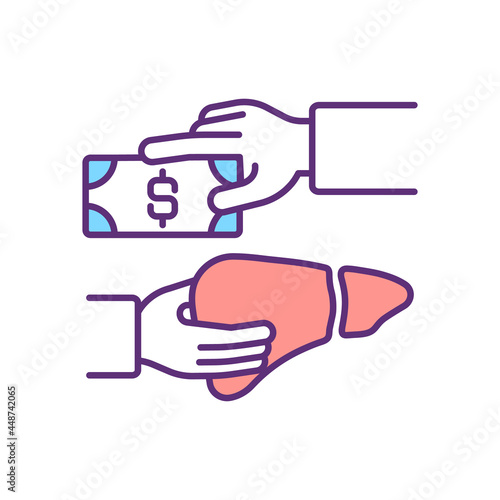 Forced organ trade RGB color icon. Liver removal against will. Buying organs at black market. Blackstreet body parts and tissues trade.Isolated vector illustration. Simple filled line drawing
