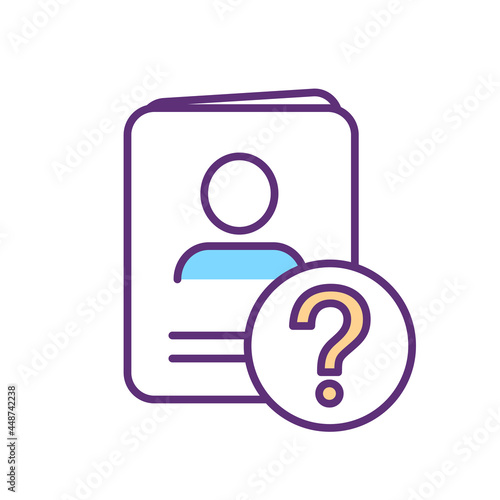 Documents absence RGB color icon. Missing passport and driver license. False personality. Sign of freedom deprivation and coercion. Isolated vector illustration. Simple filled line drawing