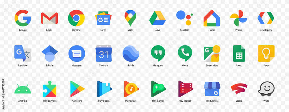 Google App Icons Set. Isolated Google Logos Vector. Products Logo  Collection: Chrome, Gmail, Maps, Drive, Android, Play Store, Translate,  Waze, Earth, Stadia, Sheets… Isolated Editorial Illustration. เวกเตอร์สต็อก  | Adobe Stock