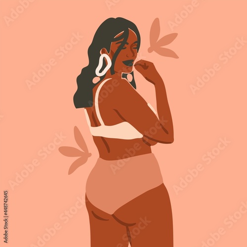 Hand drawn vector abstract stock flat graphic contemporary modern art,aesthetic fashion illustration with bohemian,beautiful modern female portrait,simple trendy style isolated on pastel background.