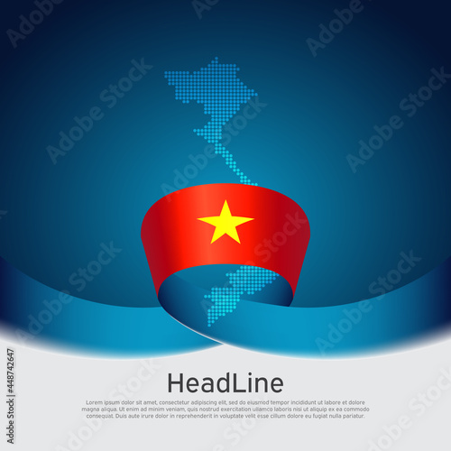 Vietnam flag, mosaic map on blue white background. Wavy ribbon with vietnamese flag. Vector banner design, national poster. Cover for business booklet. State patriotic, flyer, brochure