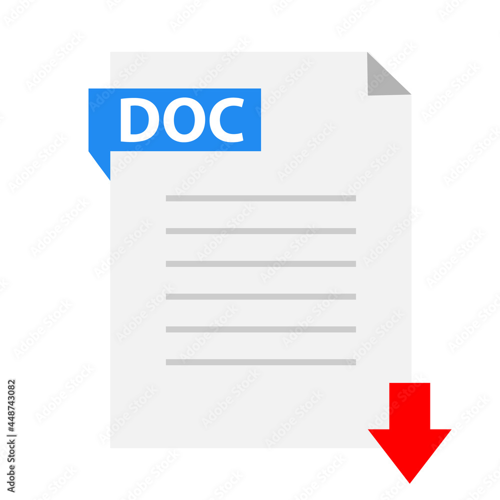 Download DOC icon on white background. DOC file with down arrow sign. Downloading document. flat style. Download DOC icon on white background. DOC file with down arrow sign. Downloading document. flat style.