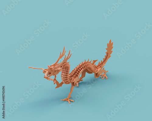 Isometric flat orange color wooden dragon toy in single color  turquoise background  3d Rendering