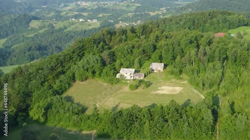 Wallpaper Mural Countryside highlands green summer forest and meadows with farm houses. Aerial 4k view. Torontodigital.ca