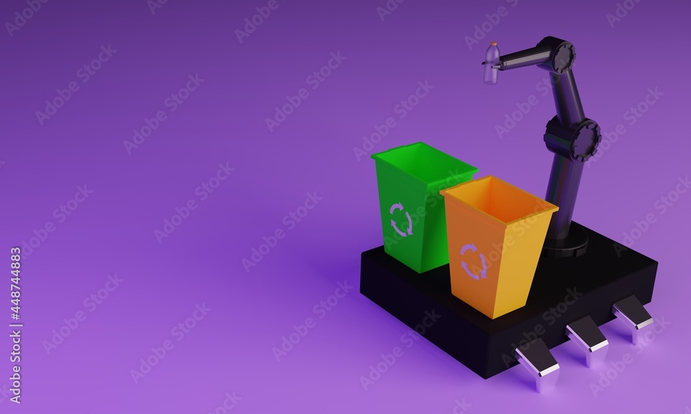 3D background illustration, which displays an object in the form of a robotic hand that simulates throwing garbage in its place, this illustration takes the theme of technology for the environment. 3D background illustration, which displays an object in the form of a robotic hand that simulates throwing garbage in its place, this illustration takes the theme of technology for the environment.