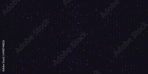 Rainbow dust falling flying sparkling confetti dots of vertical lines. Shimmering glow glittering rainbow glitter particles effect. Glitter rain, colorful star dust, bright sparkles on black. Vector