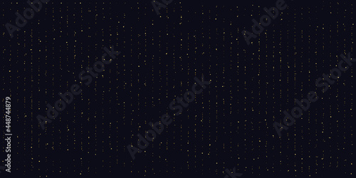 Gold dust falling flying sparkling confetti dots of vertical lines. Shimmering glow glittering gold glitter particles effect. Glitter rain, golden star dust, bright yellow sparkles on black. Vector