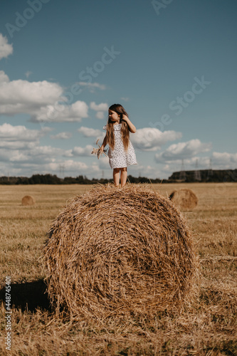 Adorable little girl in a field with haystacks.