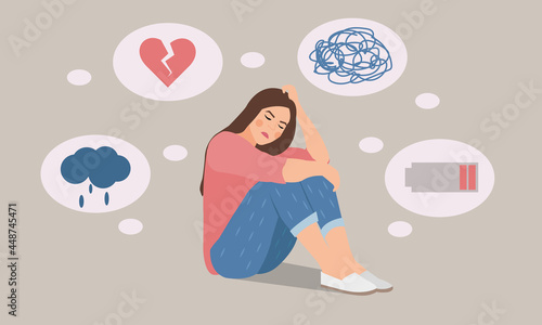 Mental health diseases. Sad woman sitting on floor surrounded by symptoms of depression. Anxiety, crisis, exhaustion, overworked, tired. Cartoon flat vector illustration on a beige background