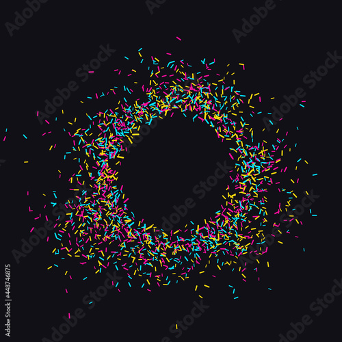 Sprinkle with bright grains of desserts. Abstract circle pattern with colorful sweet grains on black transparent. Design for holiday designs, party, birthday, invitation. Vector sweet confetti