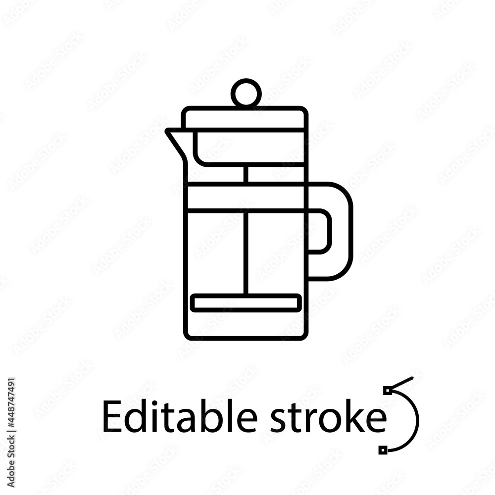 French press outline icon. Coffee equipment. Editable stroke. Isolated vector stock illustration French press outline icon. Coffee equipment. Editable stroke. Isolated vector stock illustration