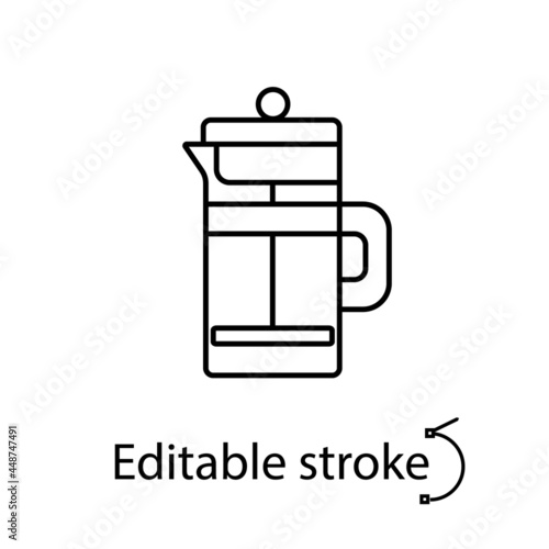 French press outline icon. Coffee equipment. Editable stroke. Isolated vector stock illustration