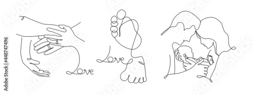 Vector one line art set of illustrations of a new born baby heels and mother, father and holding a new born baby. Lineart  family portret